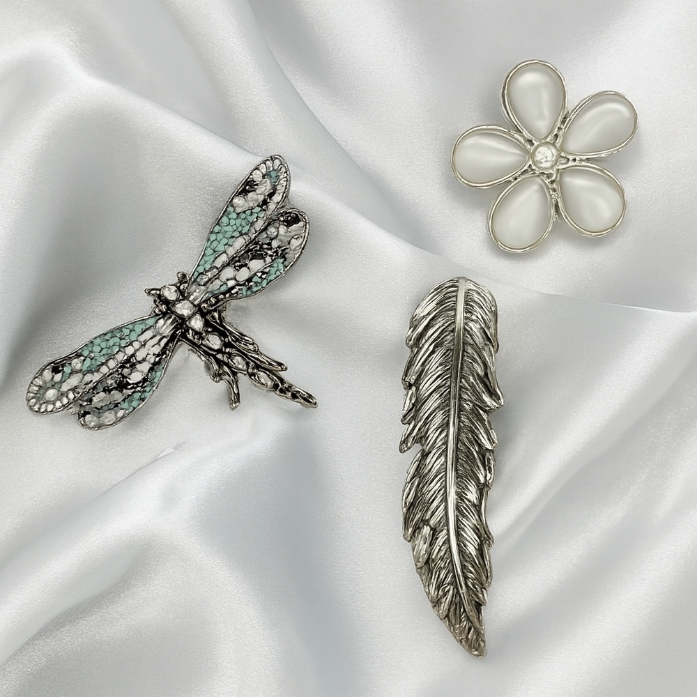 Brooch Pin Trio – Dragonfly, Pearl Flower & Silver Feather Fashion Jewelry